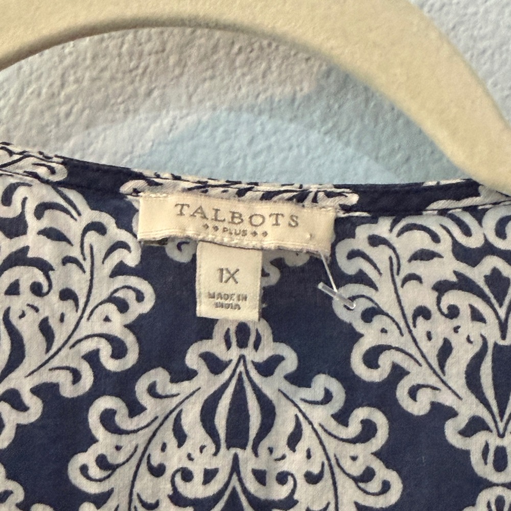 Talbots Plus 1X Navy Blue Damask Cotton Tunic Coastal Boho Crochet Lace Trim Top - Picture 9 of 12